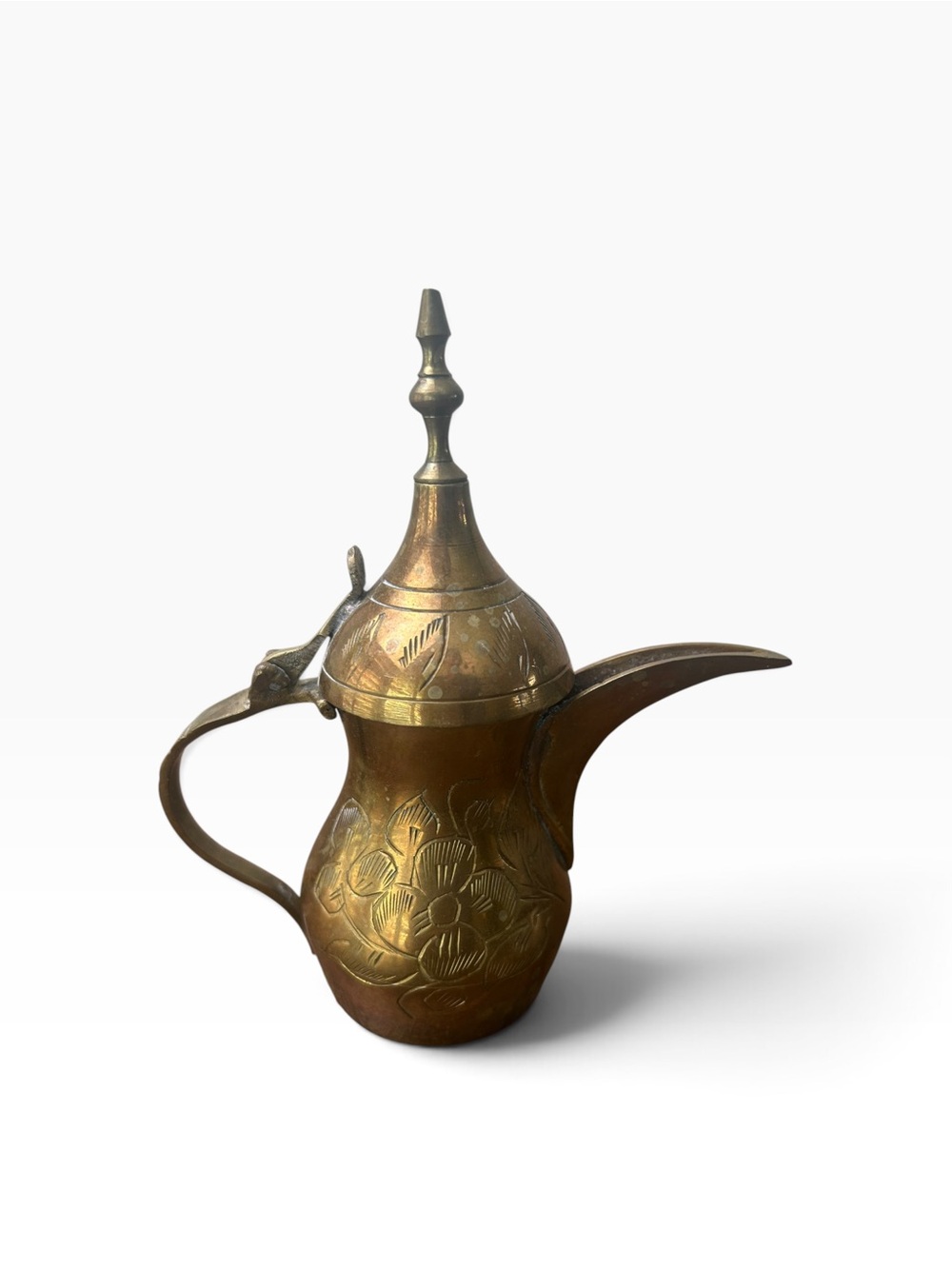 Vintage Saudi Arabia Brass Dallah Arabic Coffee Pot Engraved Tree